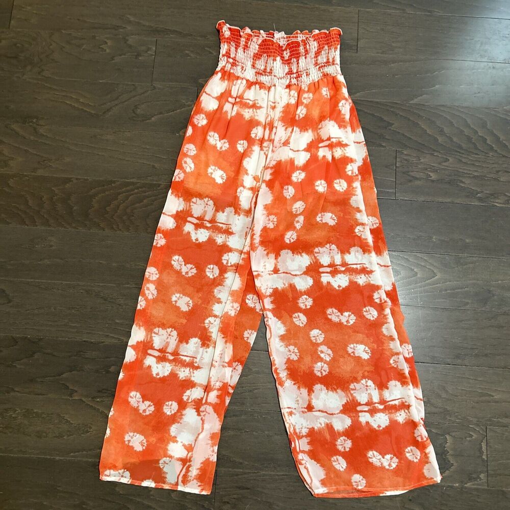 Forgotten Grace Orange Sheer Lined Rouched Waist Pants Flowy Boho Breezy Size M
